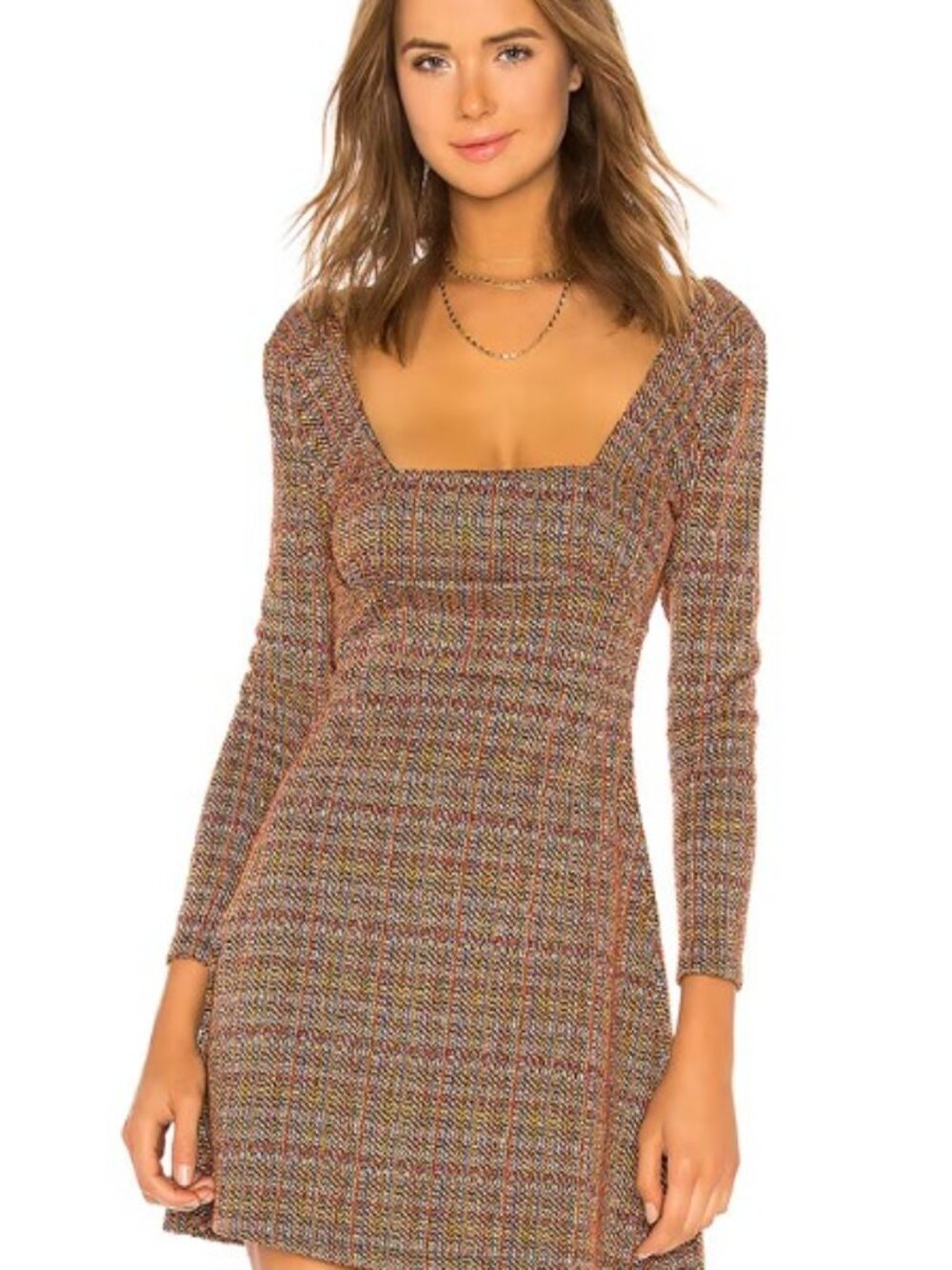 FREE PEOPLE Uptown Girl Multi Tweed Plaid Stretch Mini Dress Preppy Sz 10 EUC - Picture 4 of 11